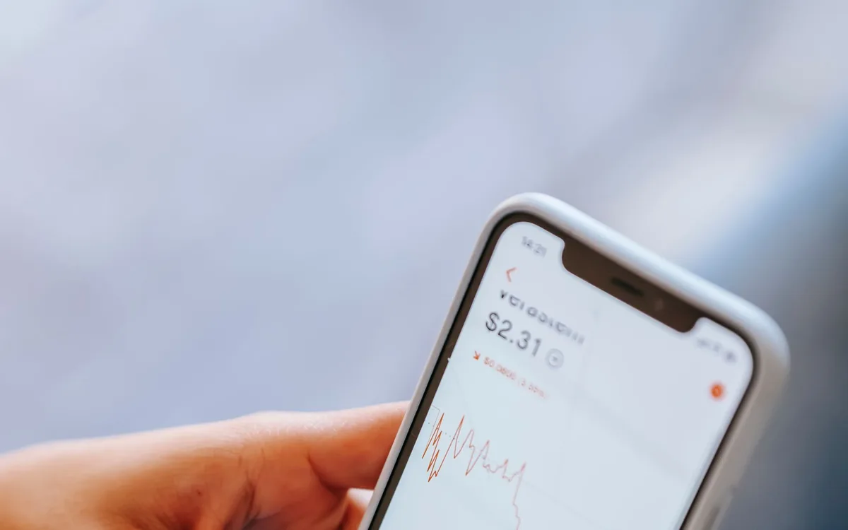 Mãos segurando um celular que mostra um gráfico em um aplicativo.
