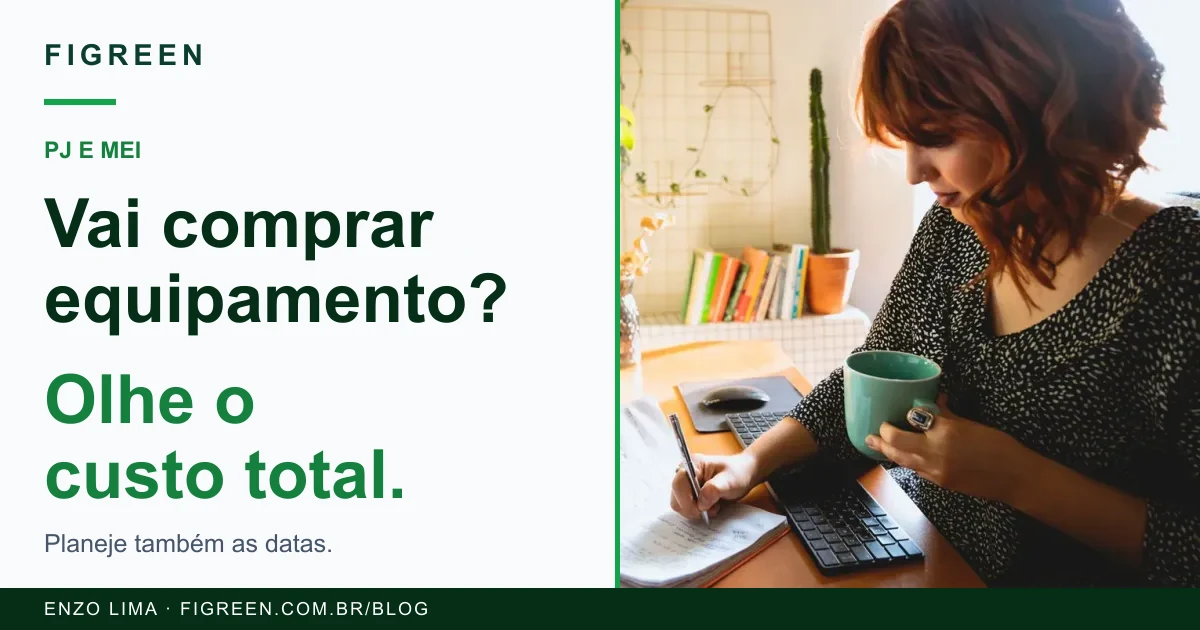 Cena ilustrativa de pessoa trabalhando ao computador, ao lado de título sobre planejamento de equipamento.