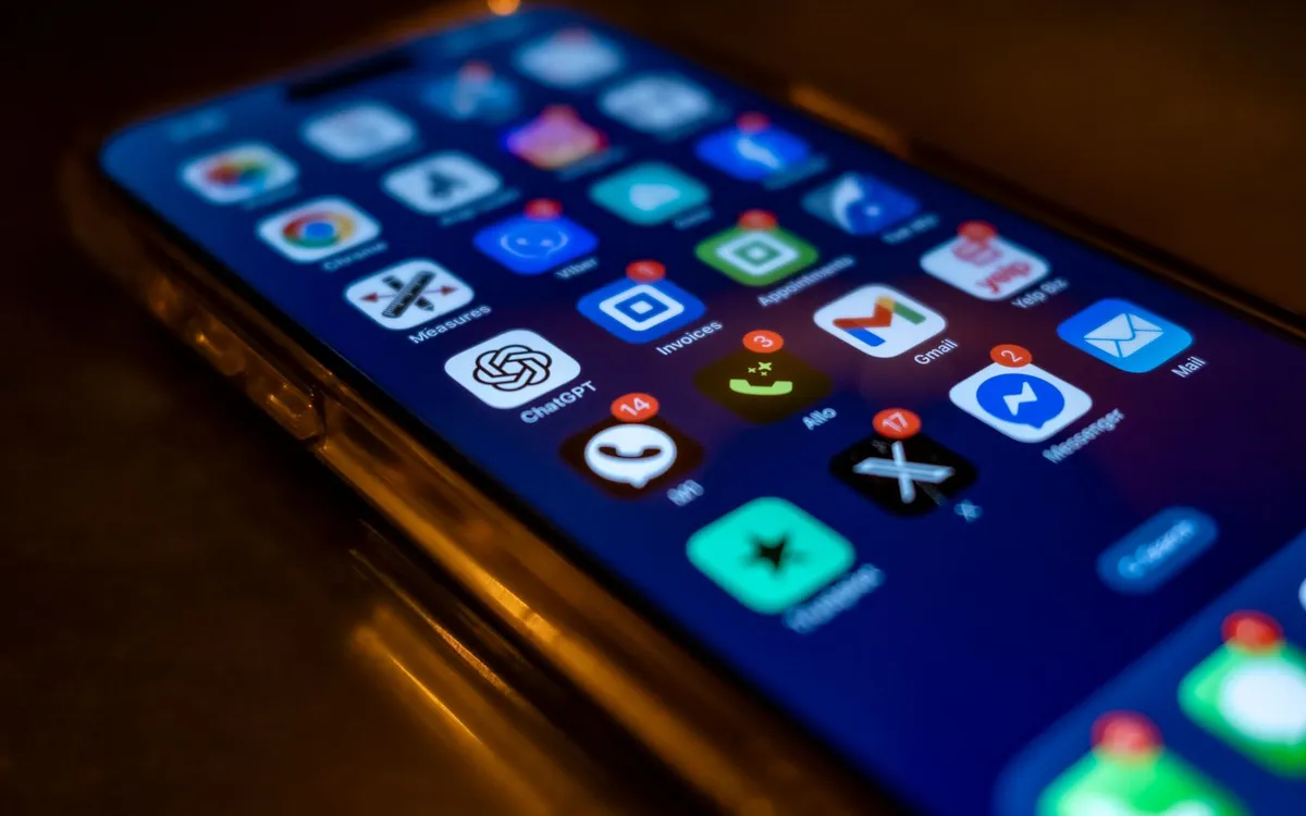 Celular com vários aplicativos na tela, incluindo apps de banco e pagamento.