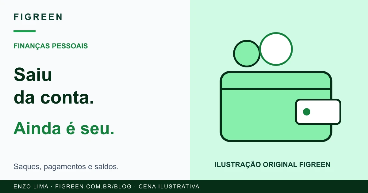 Ilustração original de carteira e moedas sem denominação, representando a conferência de saques e gastos em dinheiro.