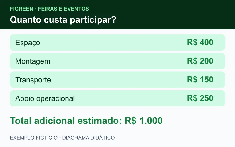 Orçamento fictício da participação: espaço de R$ 400, montagem de R$ 200, transporte de R$ 150 e apoio de R$ 250, total de R$ 1.000.