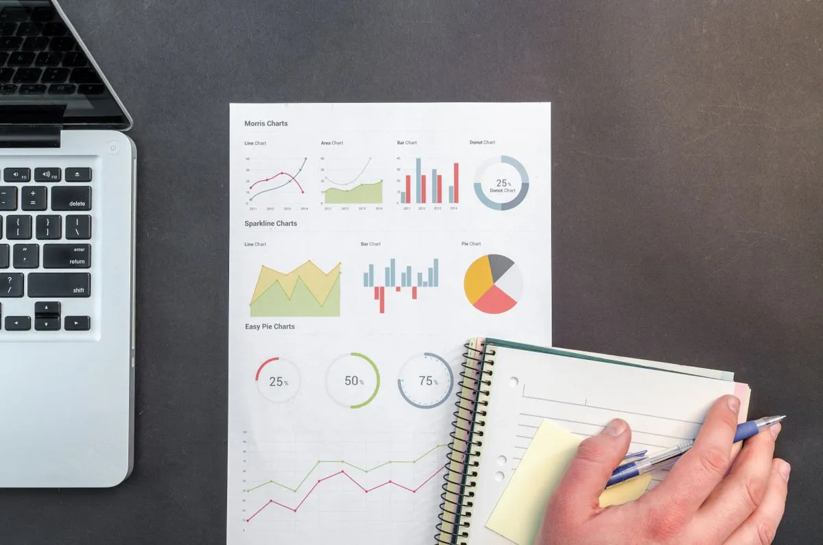 Empresária interpretando relatórios financeiros e gráficos de resultado do exercício