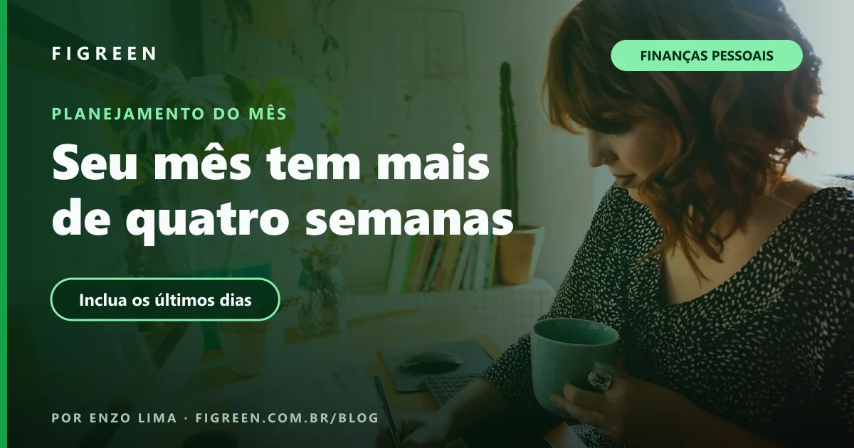 Pessoa organiza anotações em casa, com composição verde da Figreen sobre orçamento semanal.