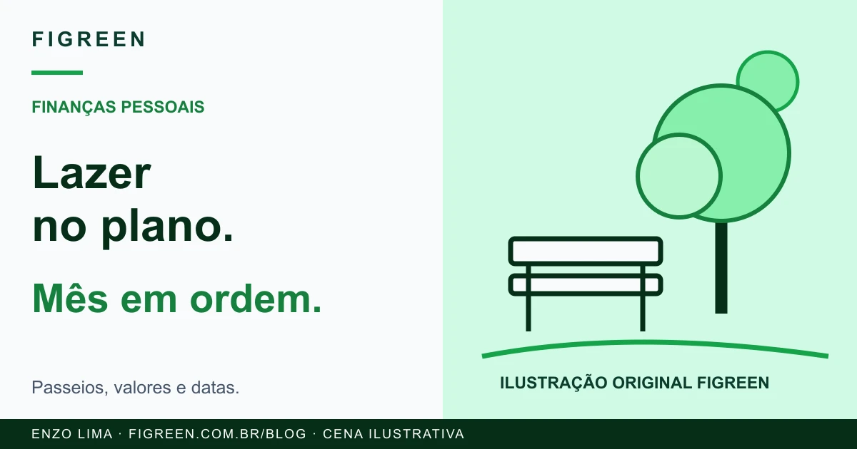 Ilustração original de banco de praça, árvore e sol, com chamada para planejar o lazer no orçamento do mês.