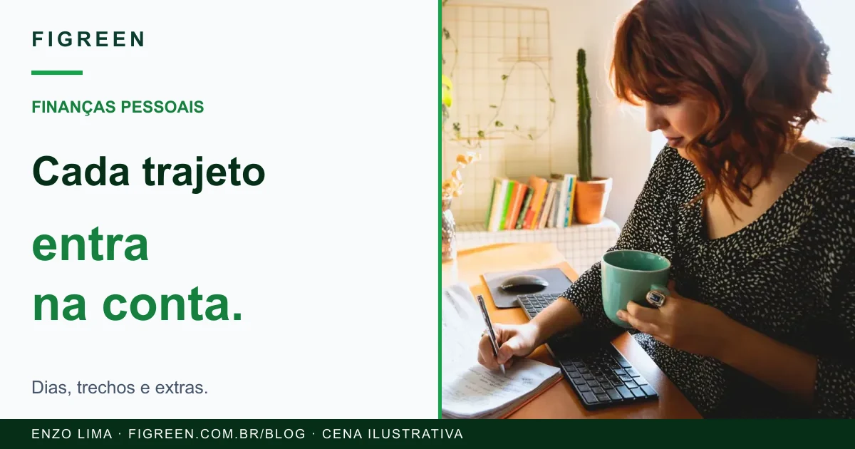 Cena ilustrativa de pessoa fazendo anotações, com chamada para planejar os trajetos no orçamento pessoal.