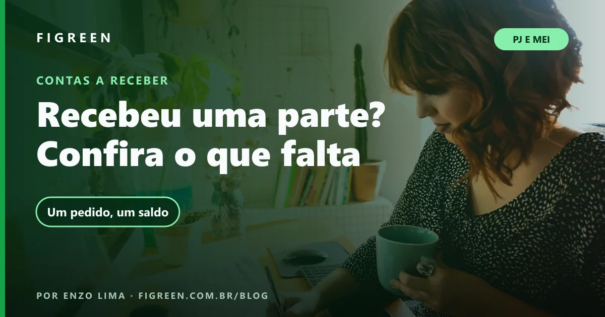 Pessoa confere anotações de trabalho ao computador, com composição verde da Figreen.