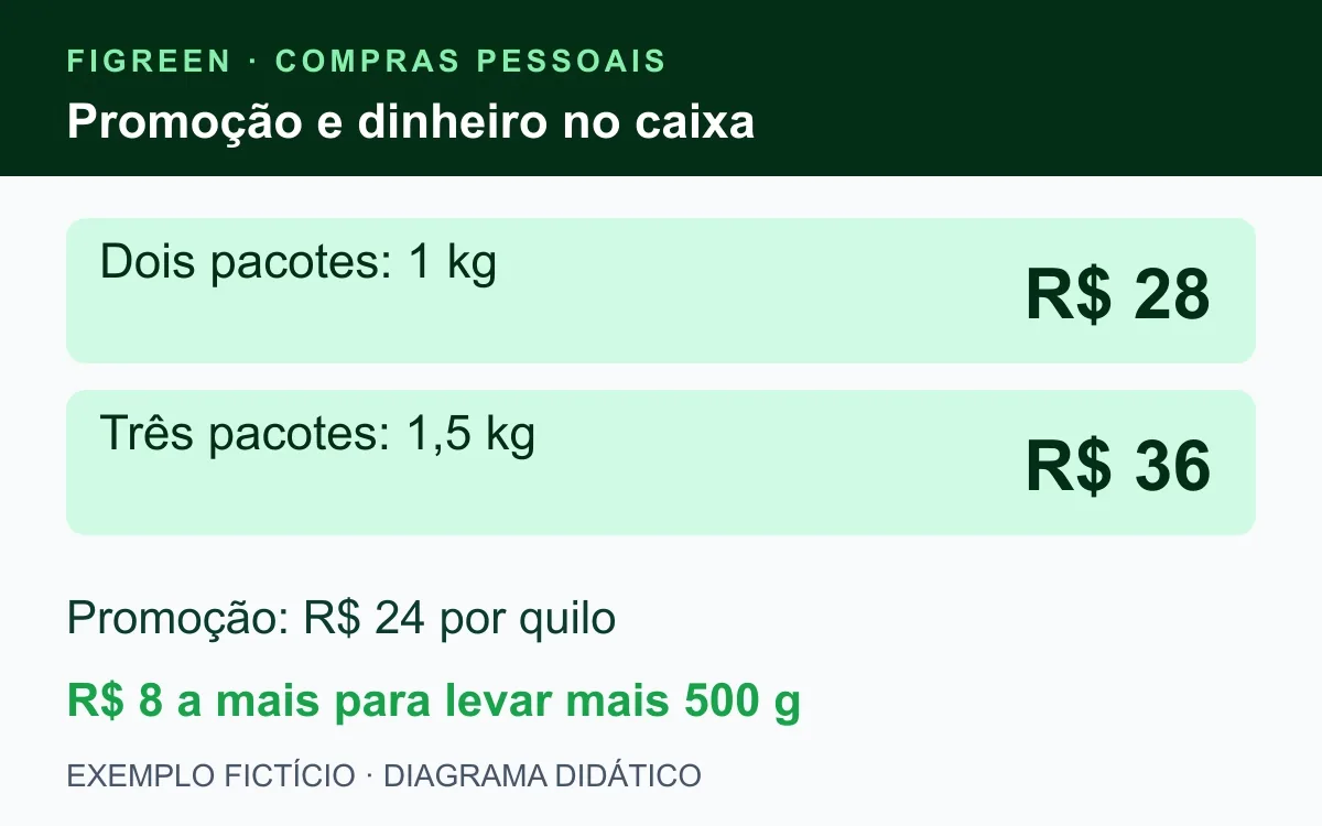 Exemplo fictício compara R$ 28 por dois pacotes e R$ 36 por três.
