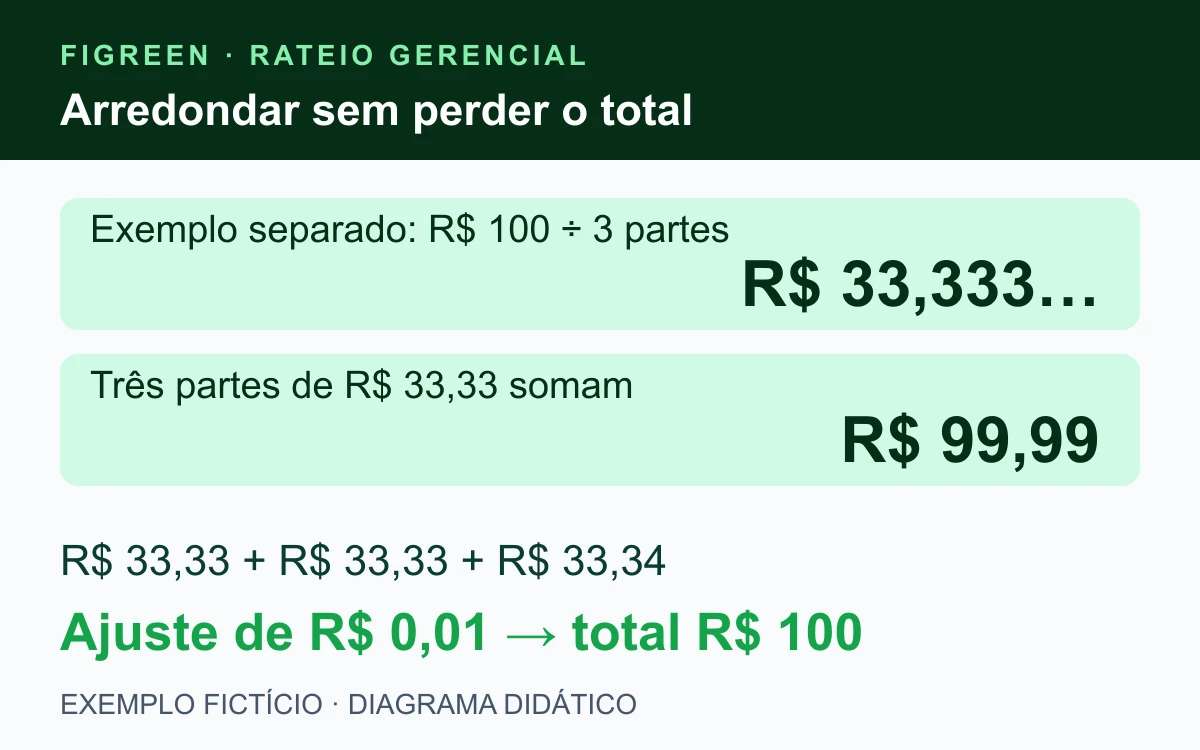 Em um exemplo separado, R$ 100 divididos igualmente em três partes resultam em R$ 33,33, R$ 33,33 e R$ 33,34 para fechar o total.